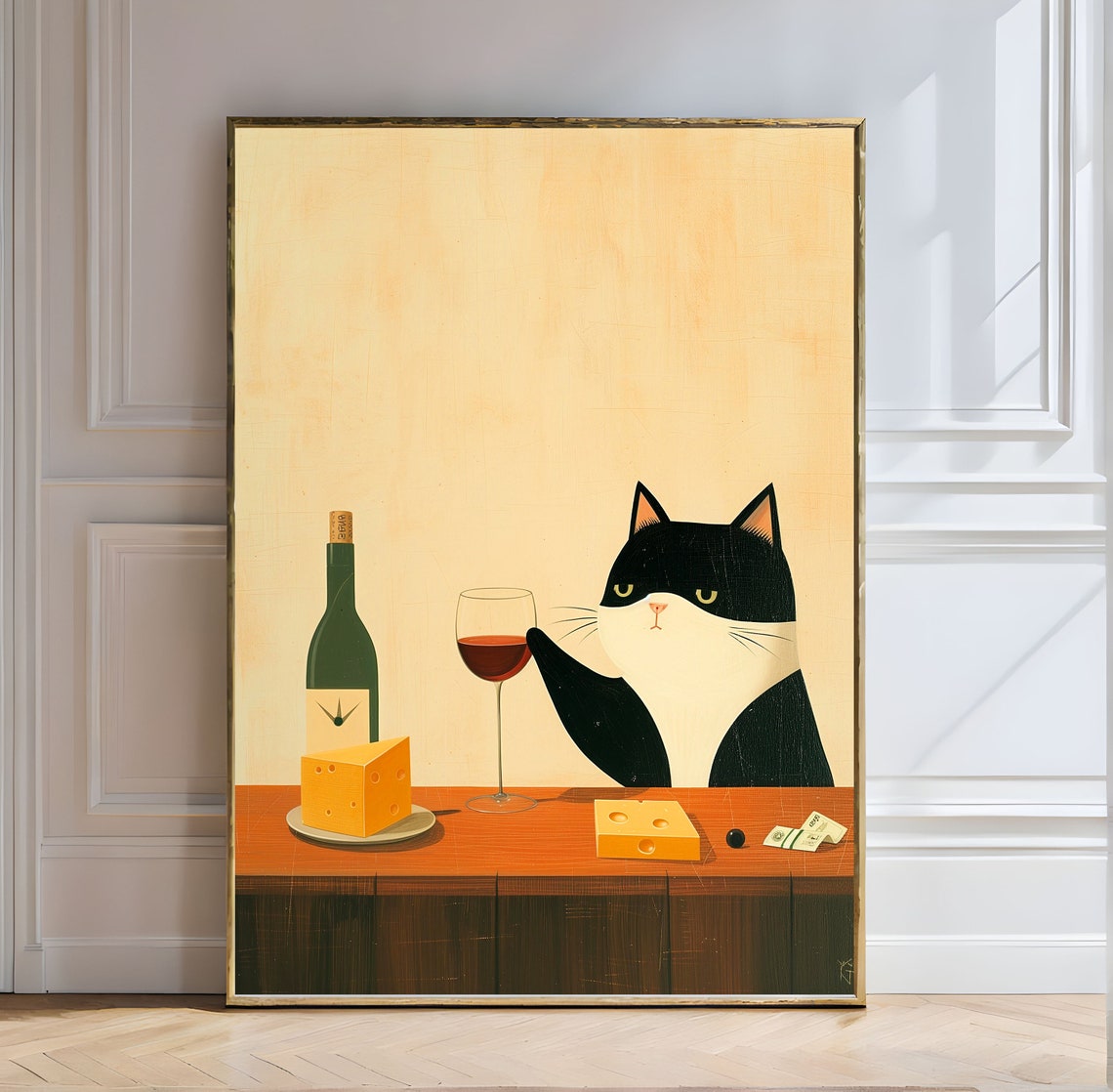 Black And White Cat With Red Wine And Cheese Whimsical Poster