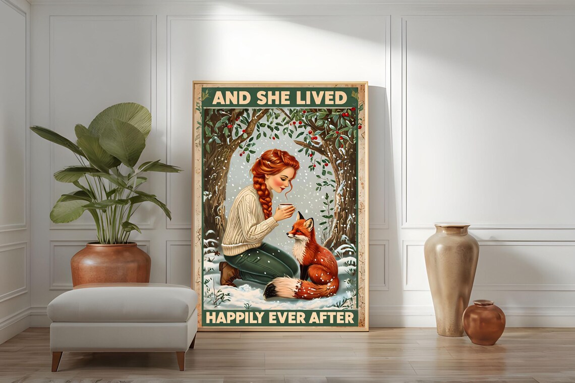 And She Lived Happily Ever After Winter Fox Girl Vintage Poster - Image 2