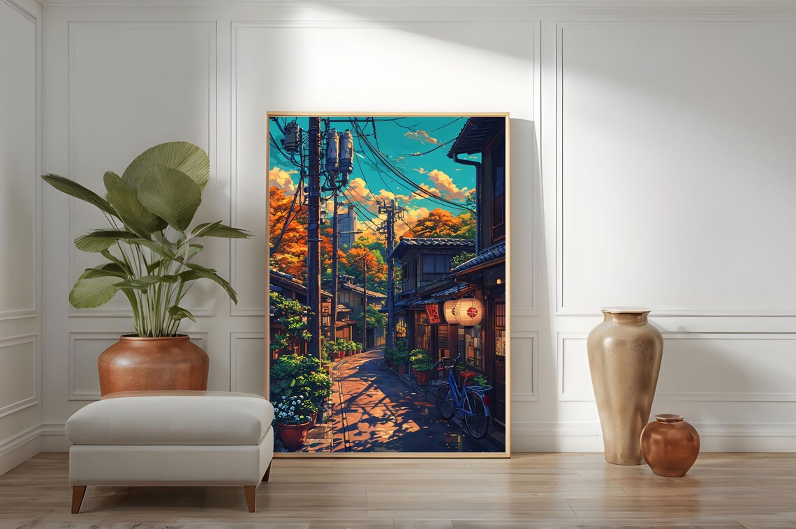 Japanese Street Ramen Shop In Golden Autumn Light Anime Art Poster - Image 3