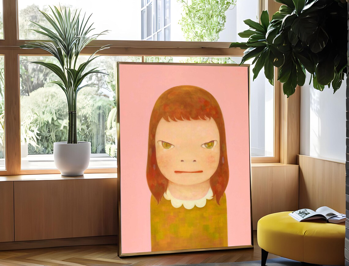 Yoshitomo Nara Pink Background Girl Mustard Sweater Portrait Wall Art - Image 3
