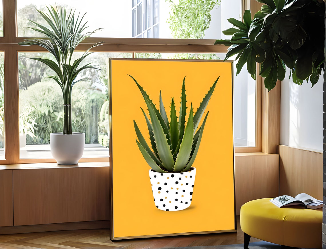 Aloe Vera Polka Dot Pot Bold Yellow Background Botanical Art Poster - Image 3
