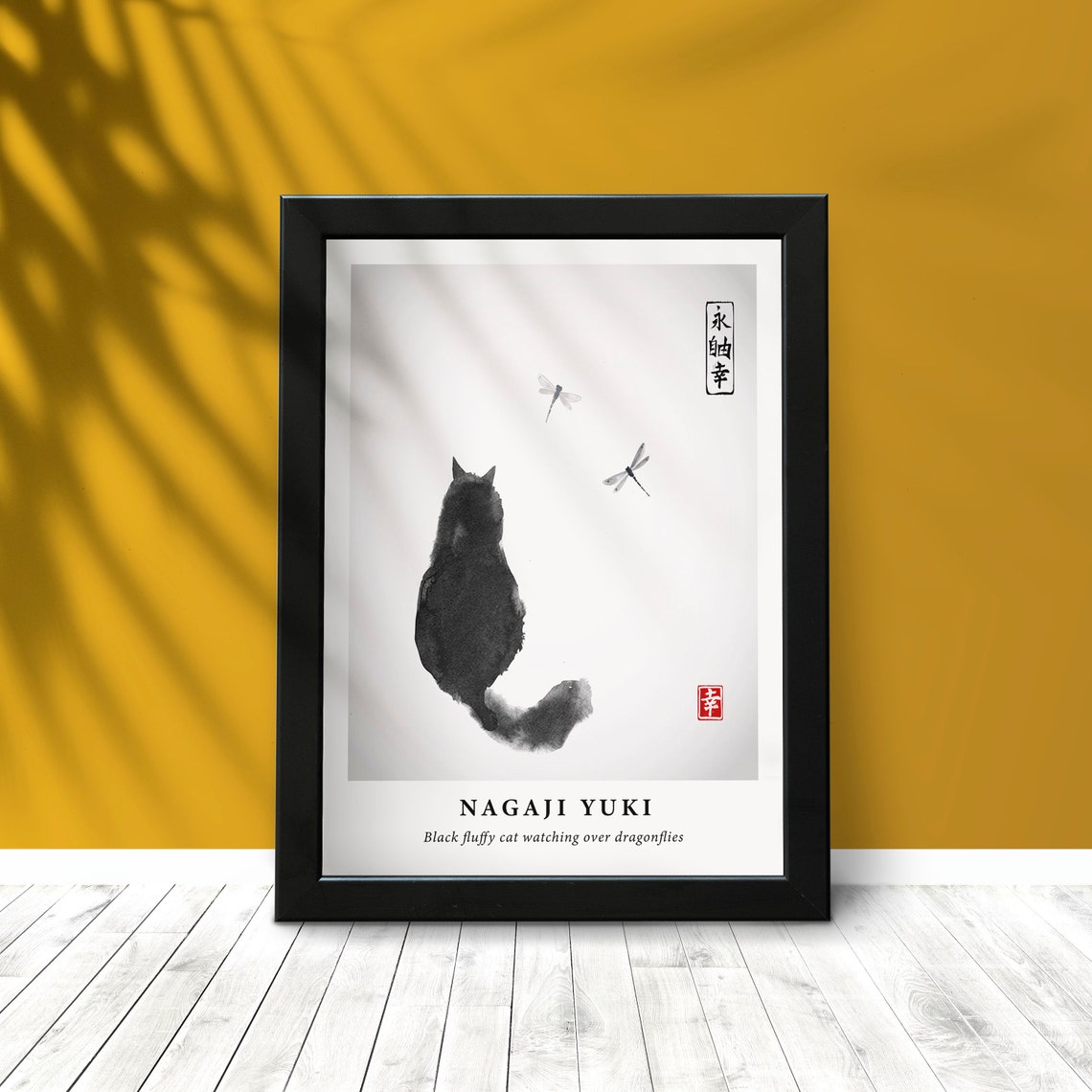 Black Ink Cat Watching Dragonflies Japanese Sumi-E Style Poster - Image 2