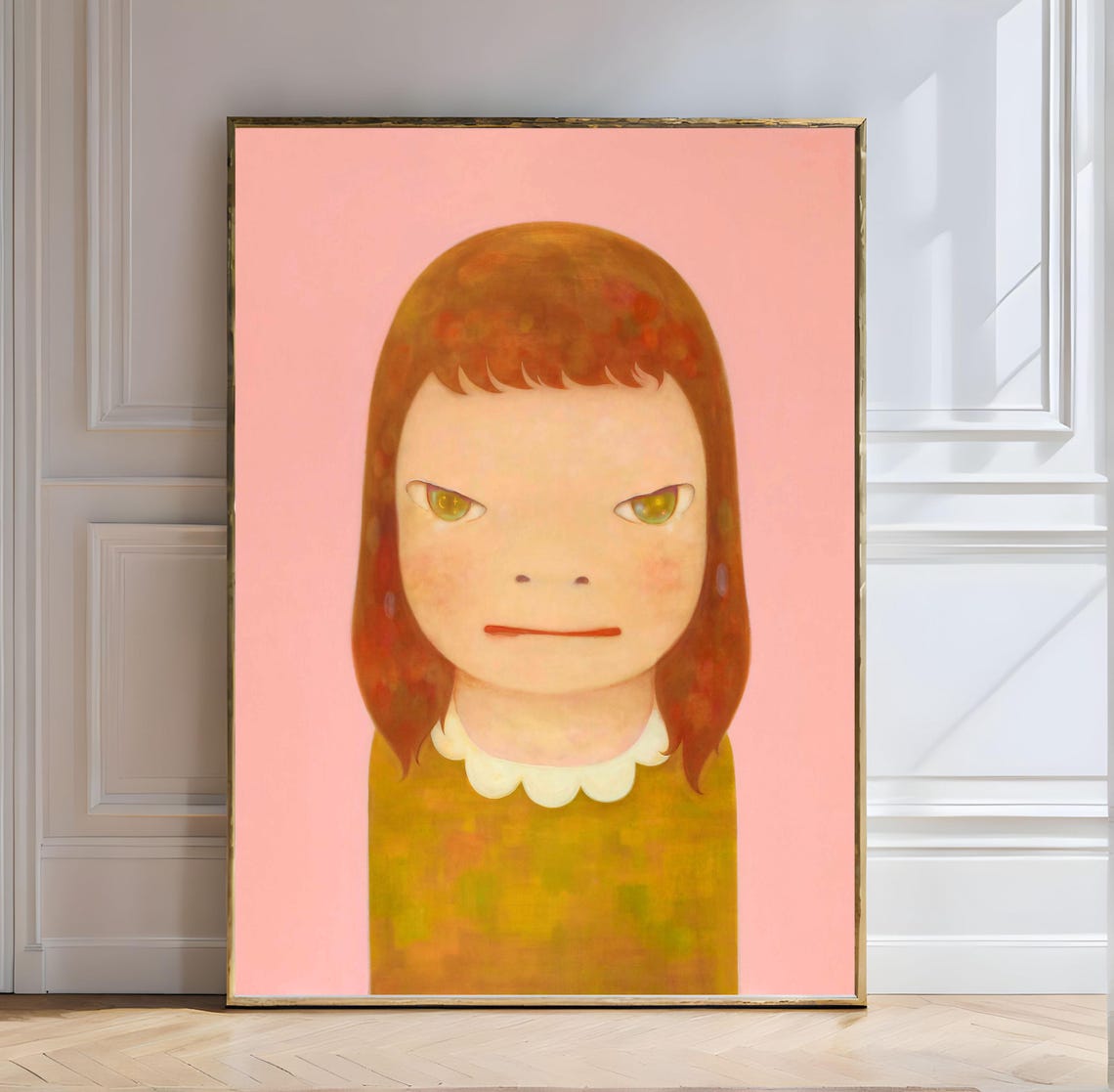 Yoshitomo Nara Pink Background Girl Mustard Sweater Portrait Wall Art