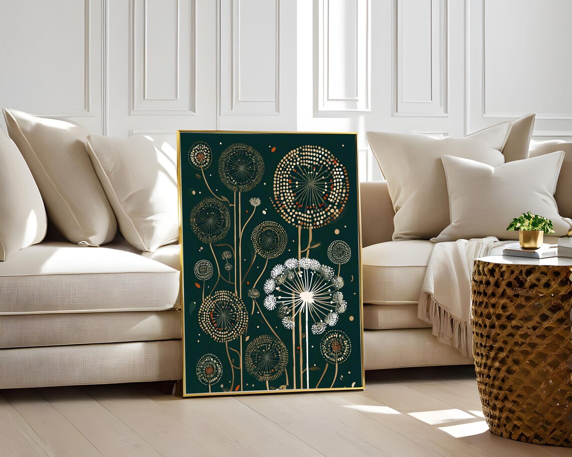 Cosmic Dandelion Fireworks Gold Dark Green Abstract Botanical Poster