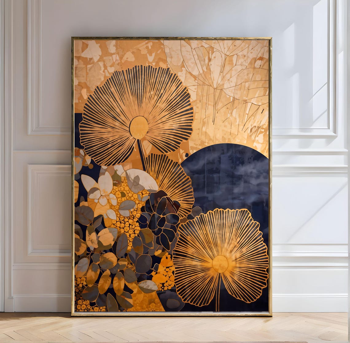 Golden Floral Fan Cosmic Botanical Navy Abstract Vintage Art Poster - Image 4