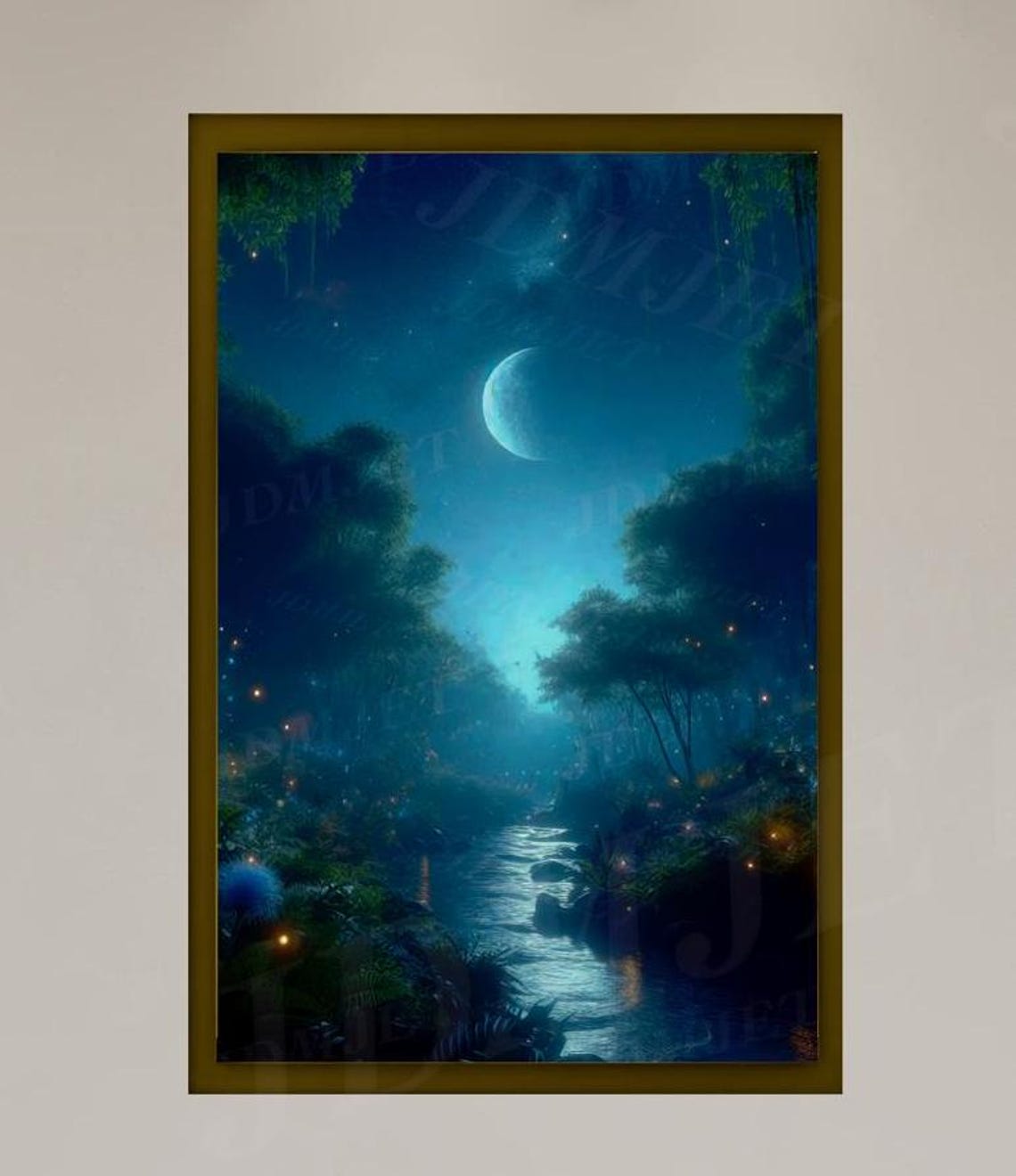 Moonlit Forest River Crescent Moon Night Ethereal Mystery Wall Poster - Image 2