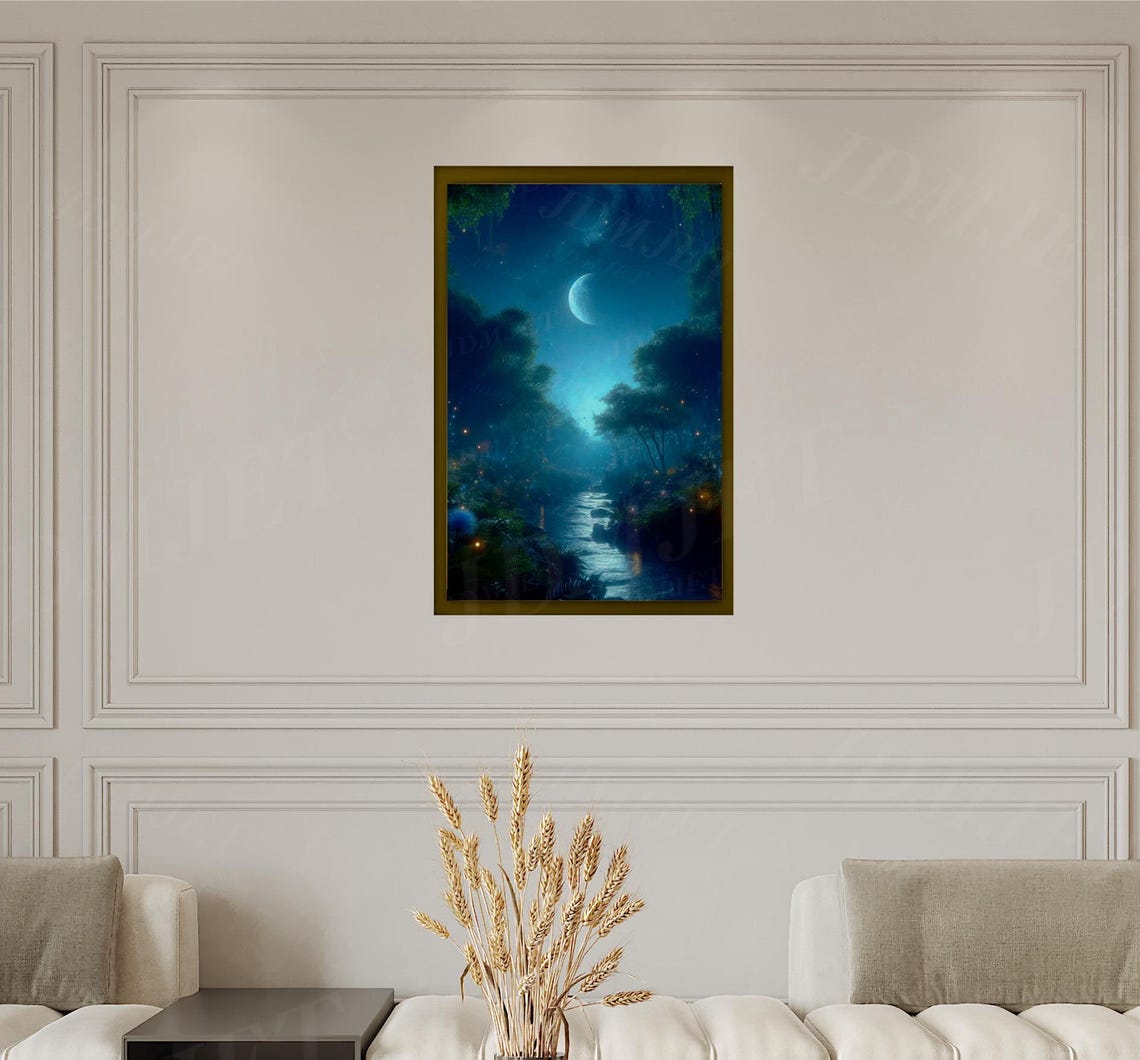 Moonlit Forest River Crescent Moon Night Ethereal Mystery Wall Poster