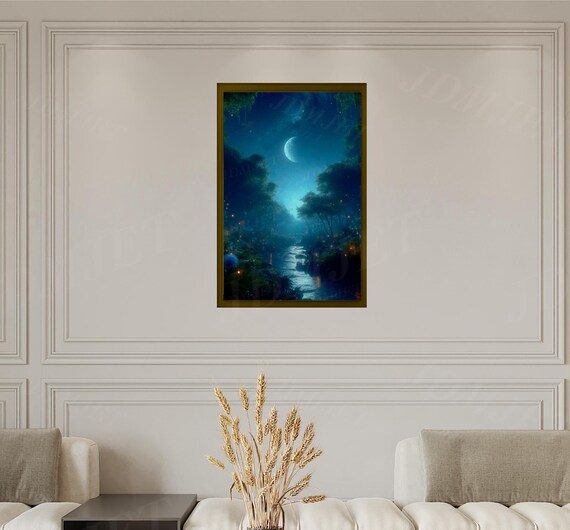Forest Moonlight Art Print Ethereal Nature Scene Mystical Wall Art Fantasy Core Home Decor Whimsical River Night View Landscape Art For Wall