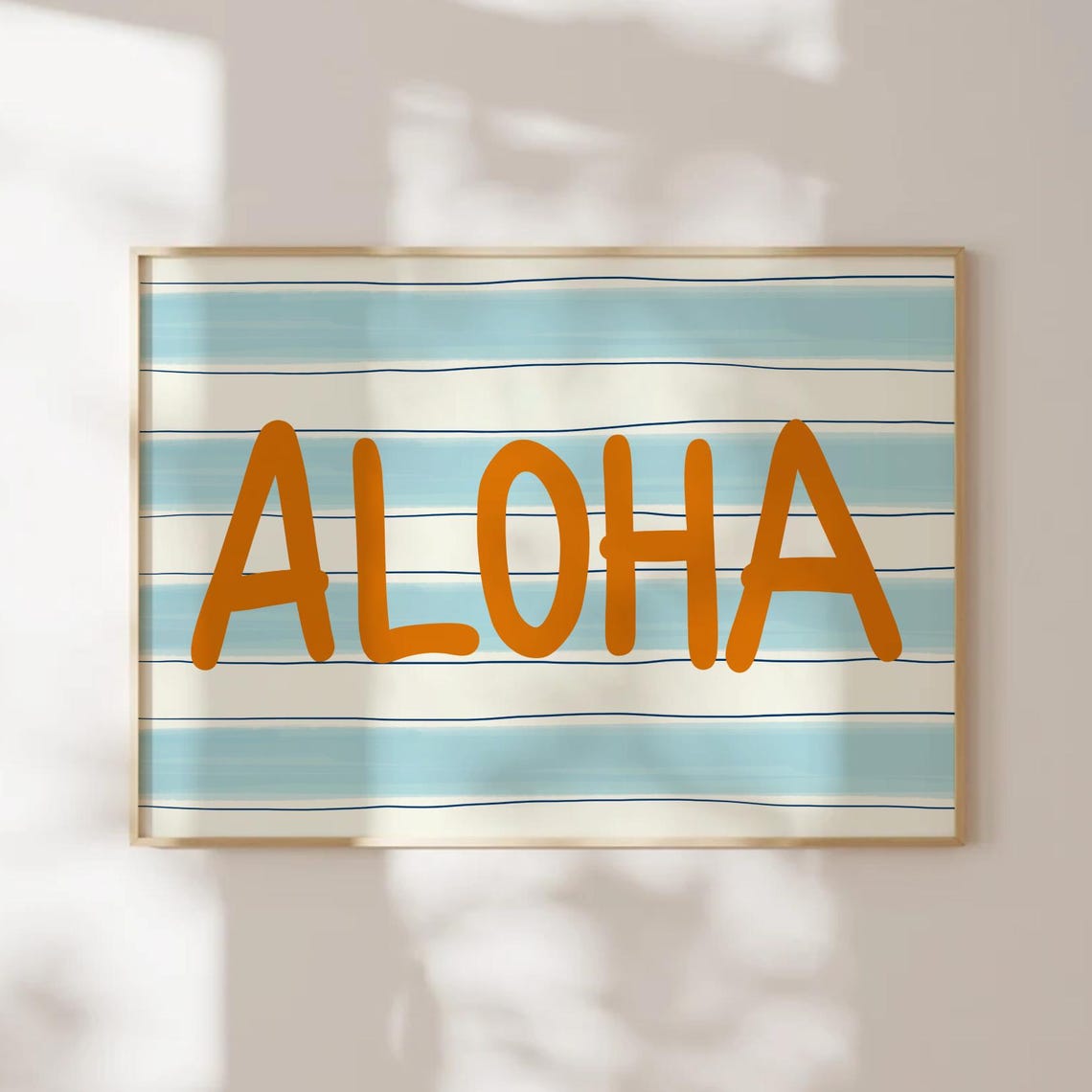 Aloha Orange Hand Lettered Blue White Striped Coastal Decor Poster