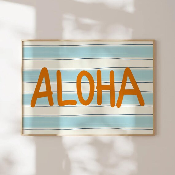 Aloha Orange Hand Lettered Blue White Striped Coastal Decor Poster