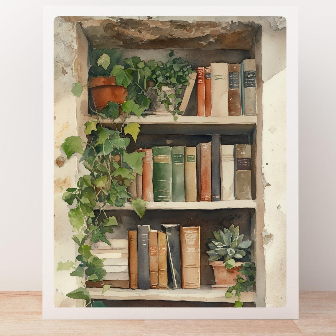 Antique Bookshelf Trailing Ivy Potted Plants Watercolor Library Poster - Image 5