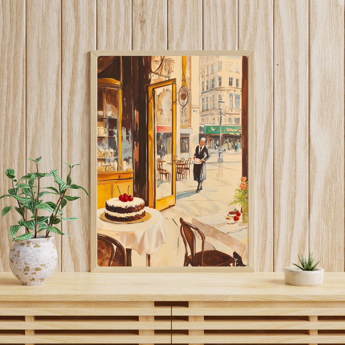 Viennese Cafe Interior with Cherry Cake and Waiter Painting Poster - Image 3