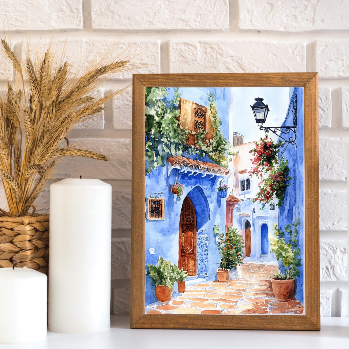 Chefchaouen Morocco Blue Street with Flowers Watercolor Poster - Image 3