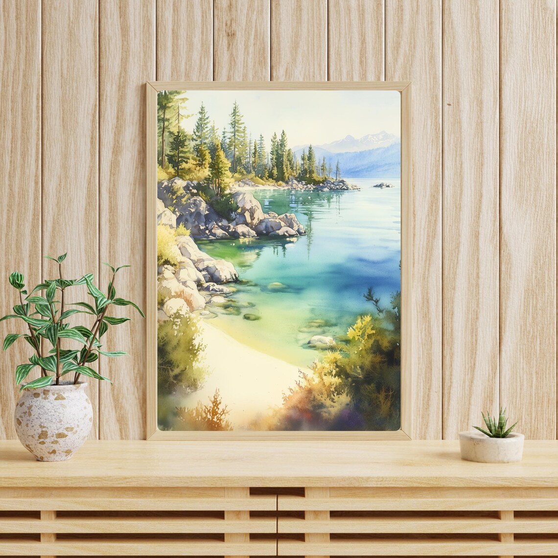 Lake Tahoe Turquoise Cove Pine Trees Rocks Mountain Watercolor Poster - Image 2