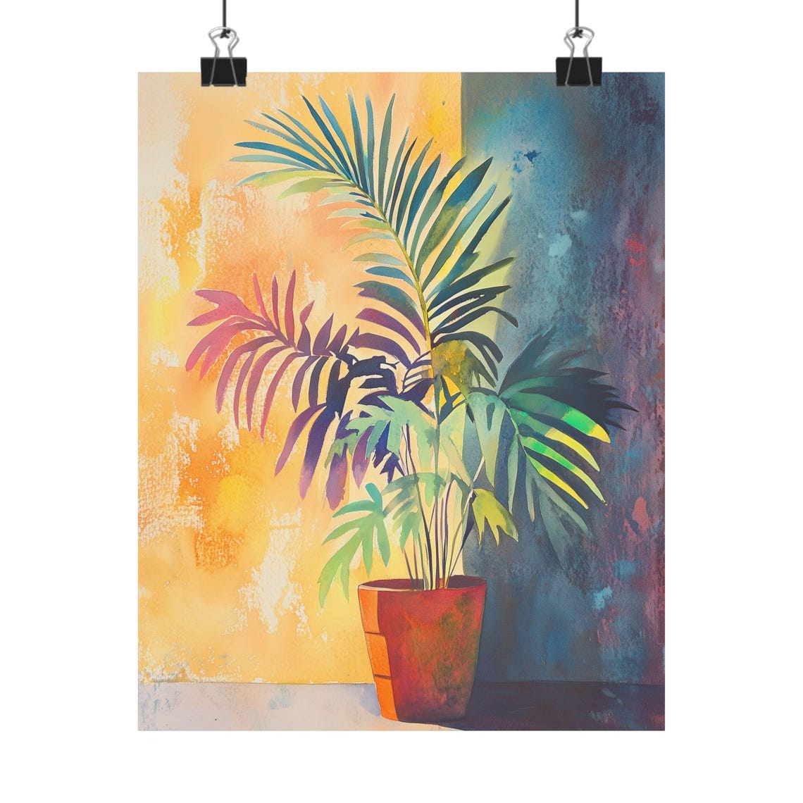 Sunlit Potted Palm Against a Warm Yellow and Blue Wall Poster