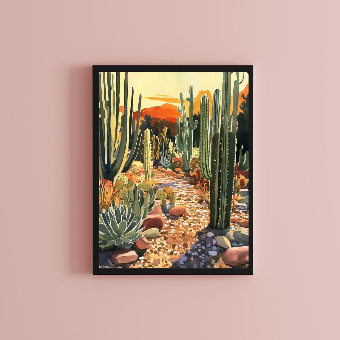 Desert Sunset Cactus Garden with Saguaros Gouache Painting Poster - Image 2