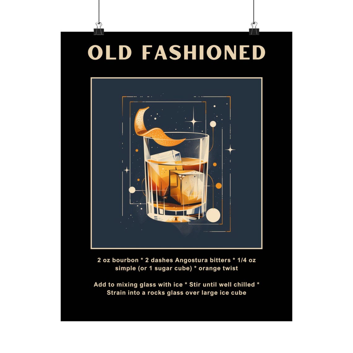 Old Fashioned Cocktail Recipe Poster Whiskey Rocks Glass Decor