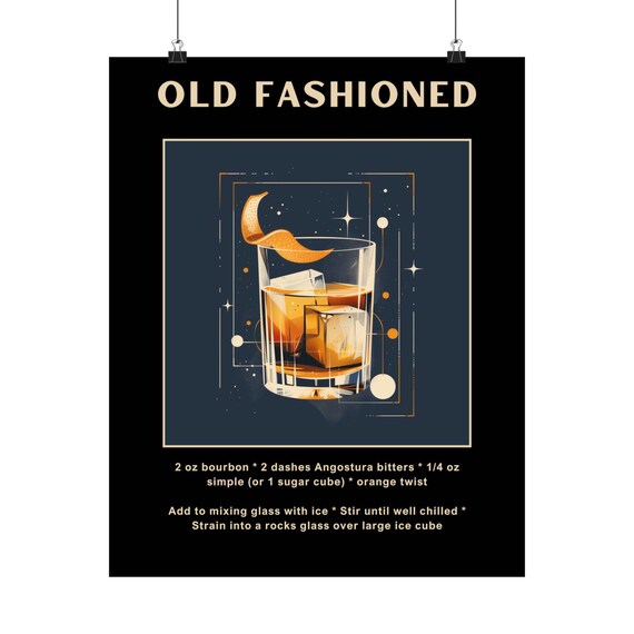 Old Fashioned Cocktail Recipe Poster Whiskey Rocks Glass Decor