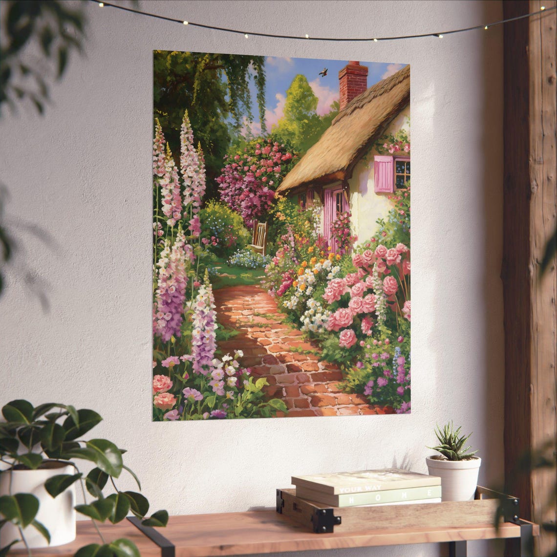 Thatched Cottage Brick Path Foxgloves Roses Country Garden Print - Image 4