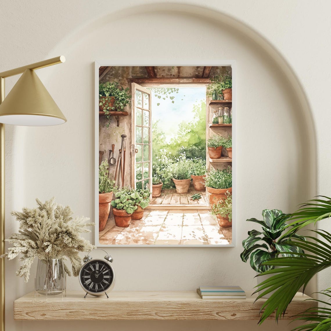 Sunlit Old Greenhouse Interior with Terracotta Potted Plants Print - Image 2