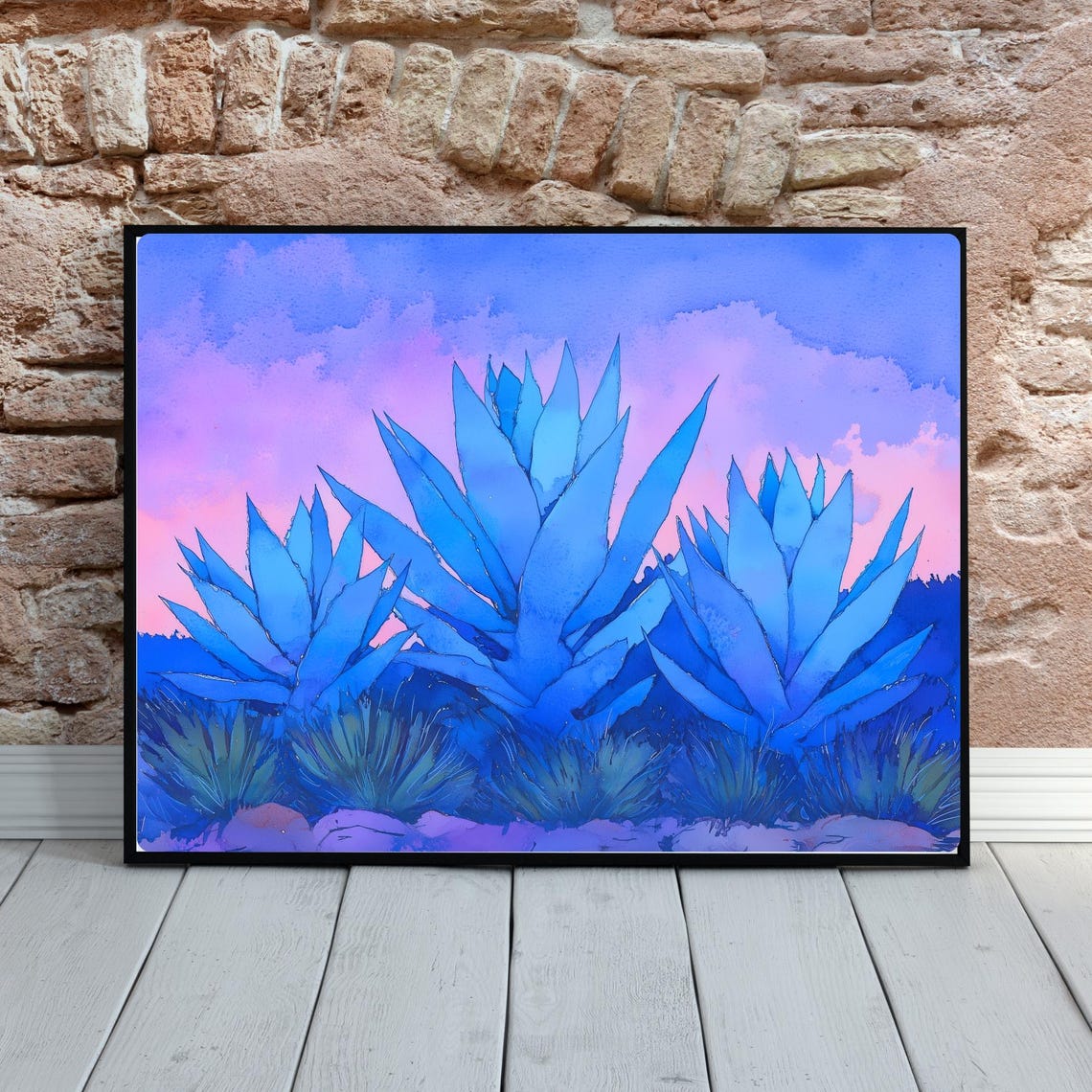 Three Blue Agave Plants Desert Sunset Pink Sky Watercolor Poster - Image 5