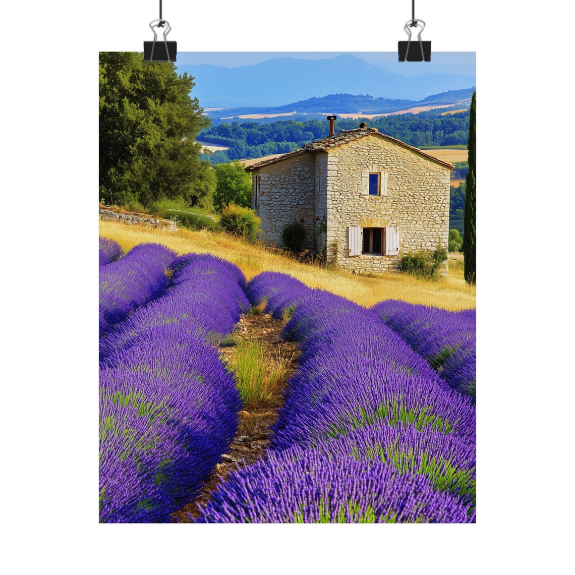 Stone Farmhouse with Lavender Rows Provence Countryside Poster