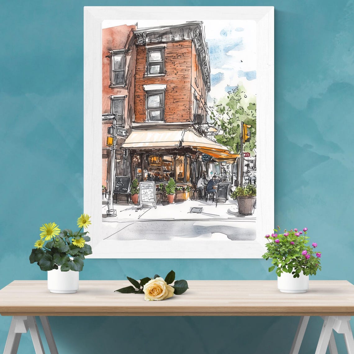 Brick Corner Coffee Shop Bustling Urban Street Sketch Poster - Image 2