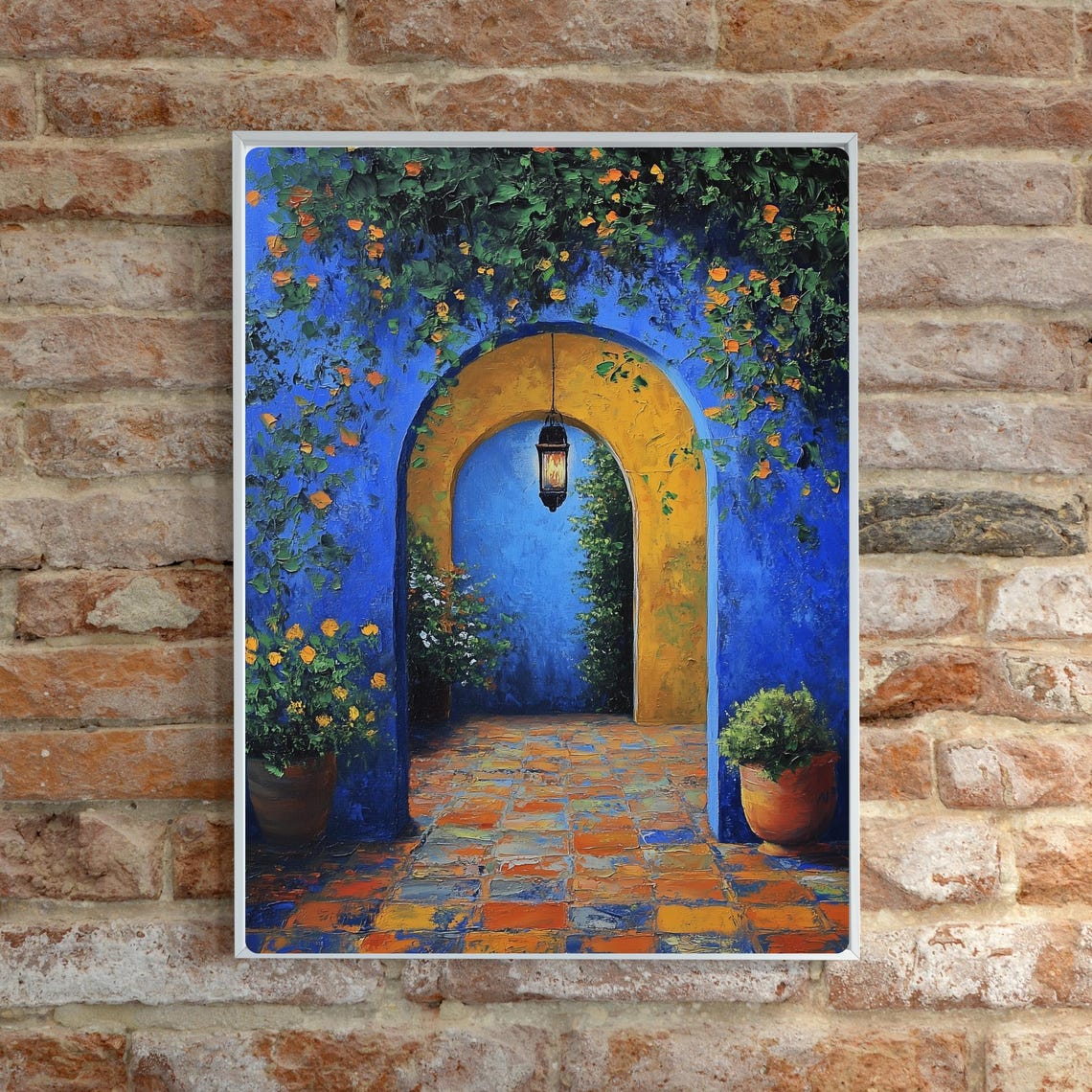 Moroccan Blue Archway Courtyard Lantern Oil Painting Style Print - Image 2