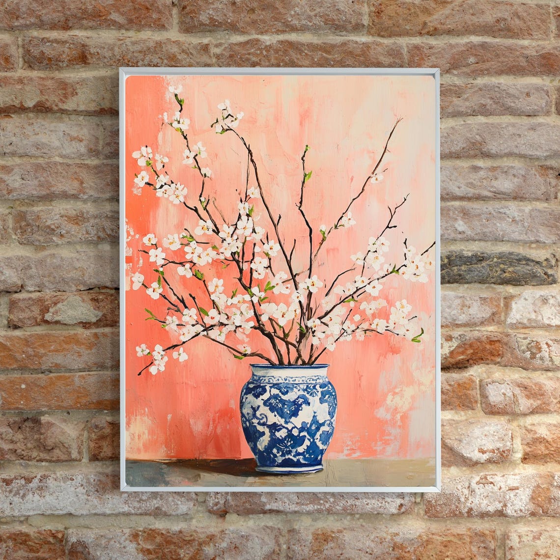 Cherry Blossom Branches in a Blue Porcelain Vase on Coral Print - Image 6
