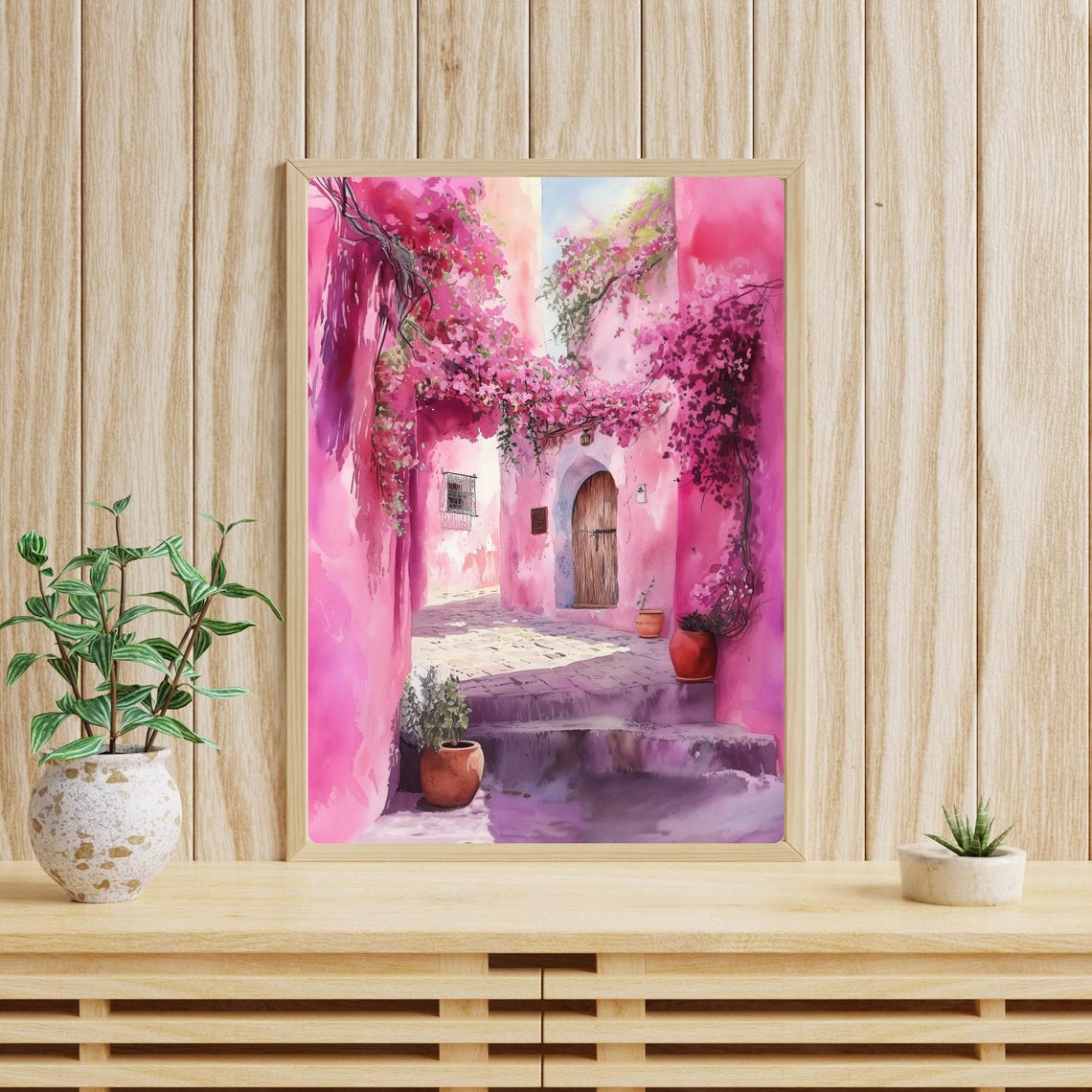 Pink Alleyway Bougainvillea Watercolor Mediterranean Street Poster - Image 4
