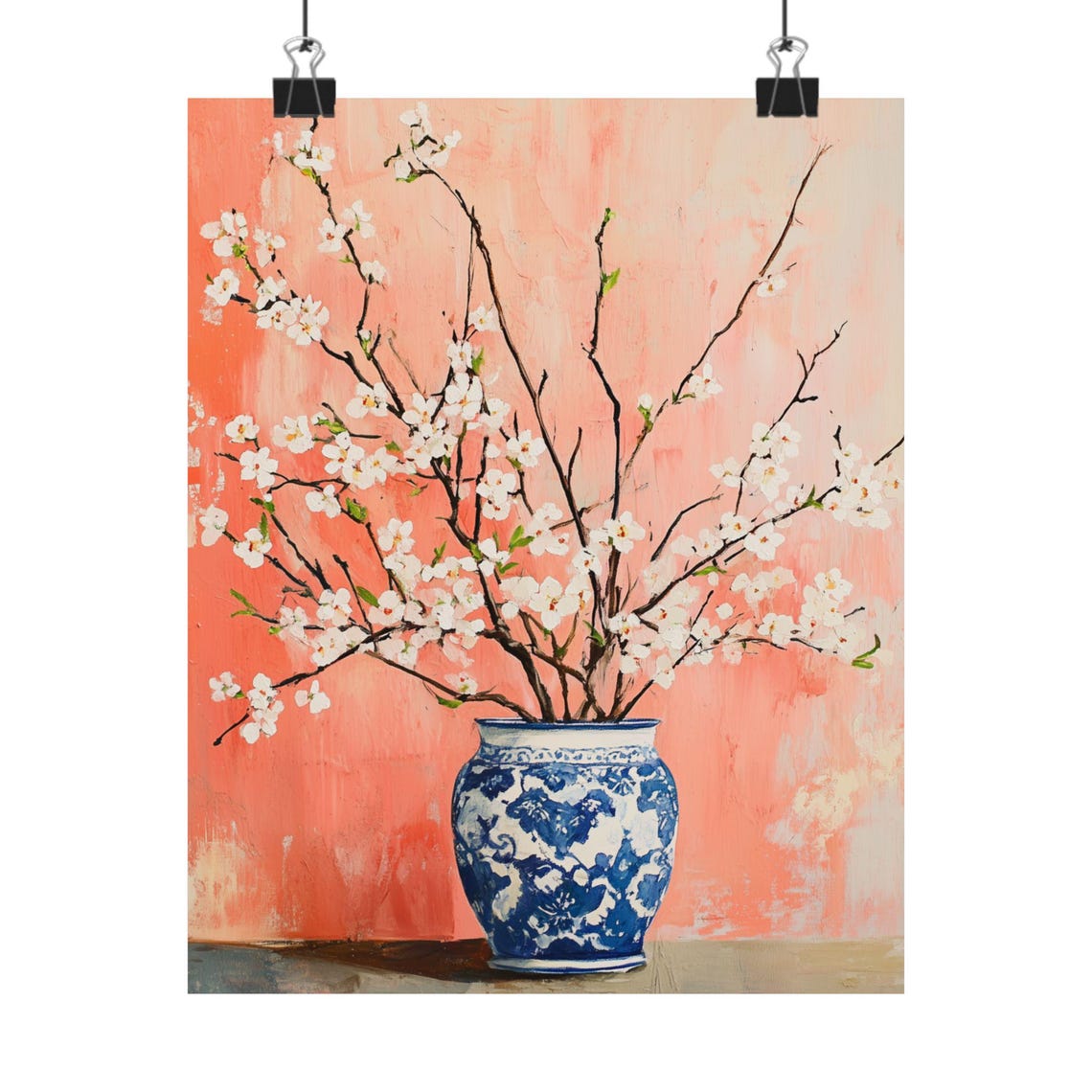 Cherry Blossom Branches in a Blue Porcelain Vase on Coral Print
