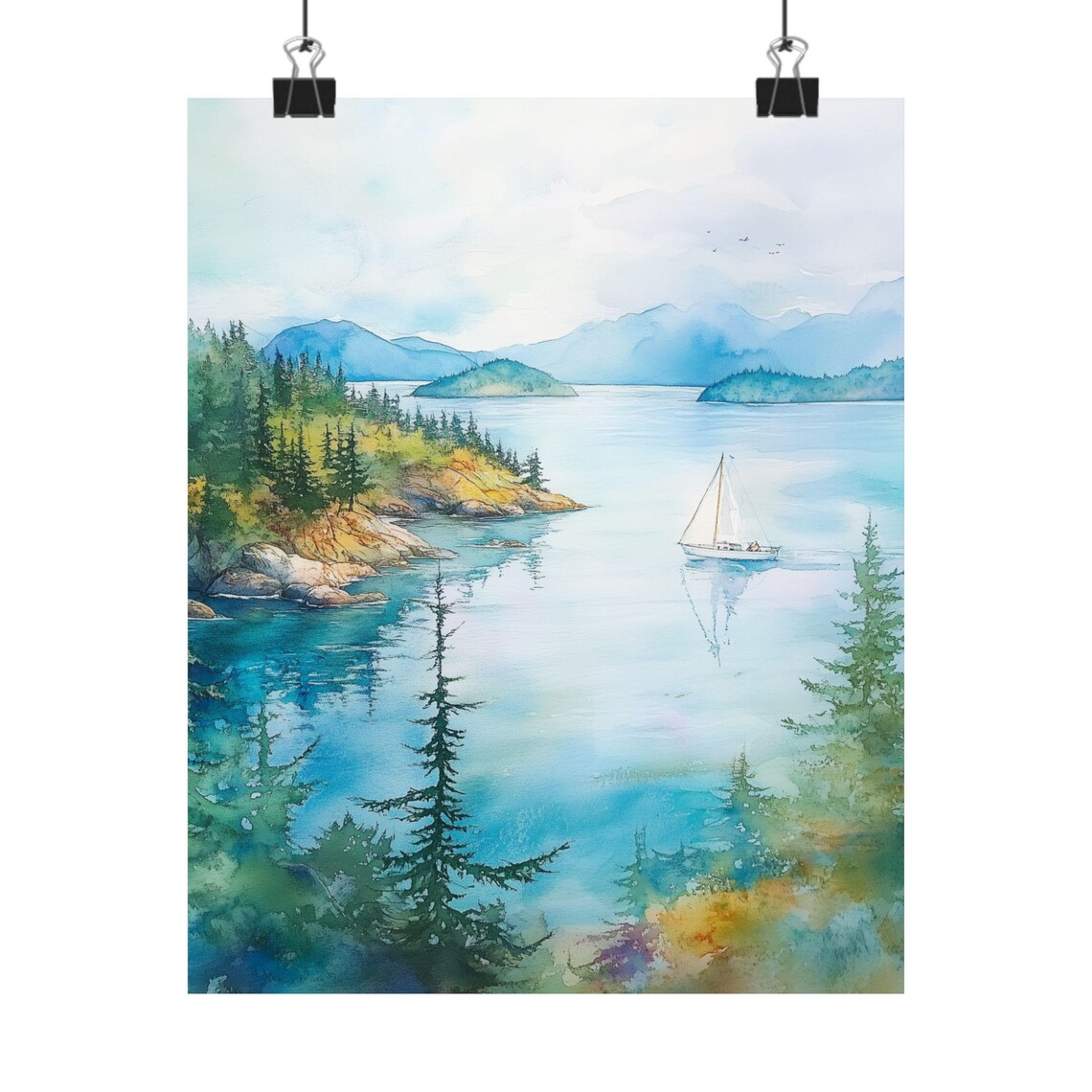 San Juan Islands Watercolor Travel Poster, Washington State