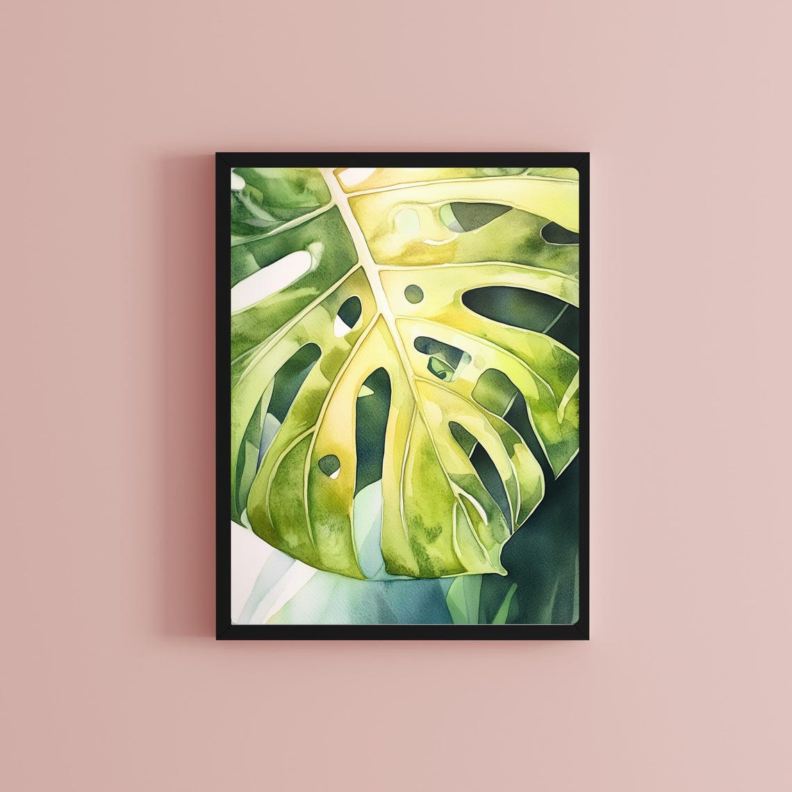 Close-Up Monstera Leaf in Green and Yellow Watercolor Poster - Image 2