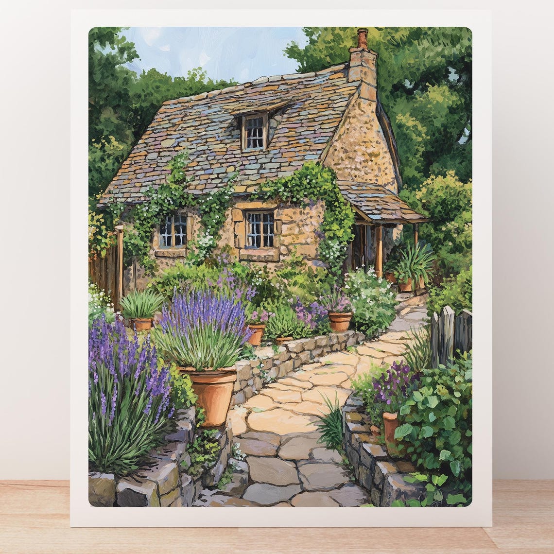 Charming Stone Cottage with Lavender Garden Path and Pots Poster - Image 5