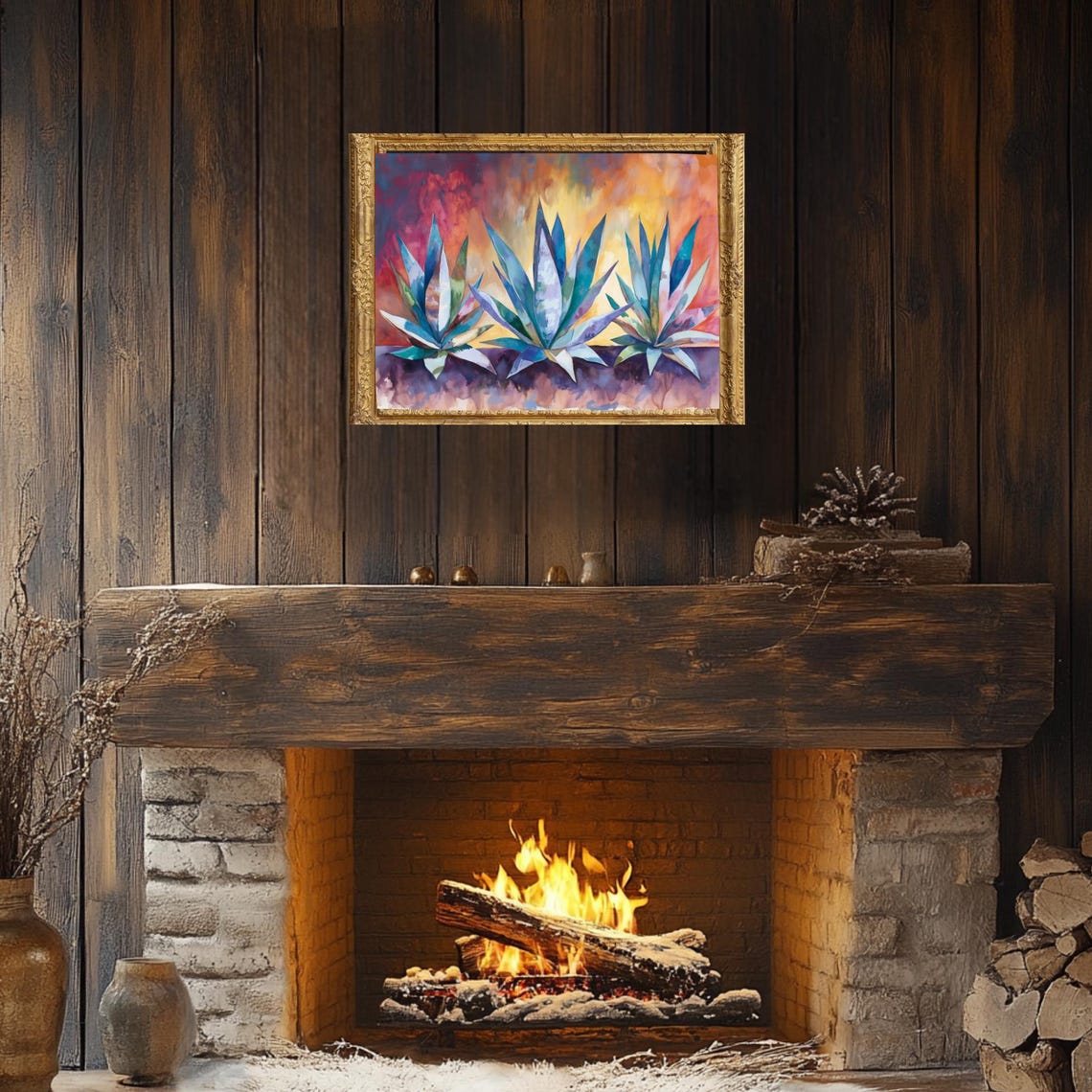 Three Agaves Vivid Desert Sunset Dramatic Watercolor Botanical Poster - Image 4