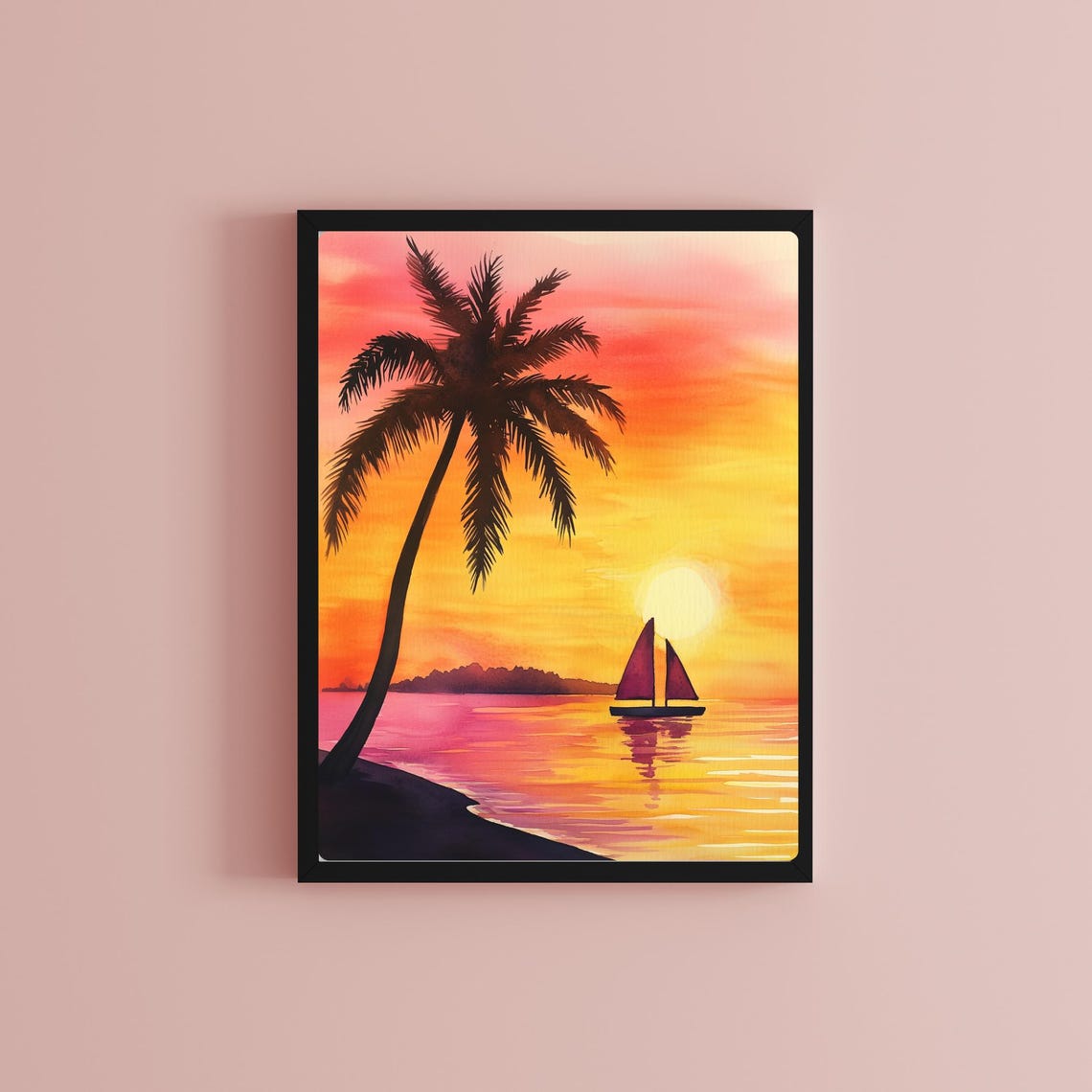Tropical Sunset Sailboat Palm Silhouette Ocean Beach Watercolor Poster - Image 2