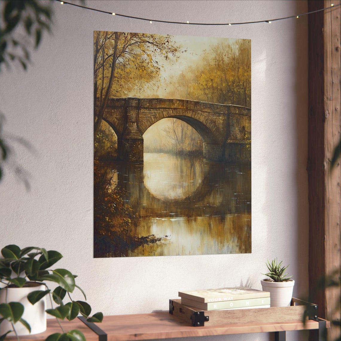 Old Stone Bridge Autumn River Reflection Oil Painting Poster - Image 6