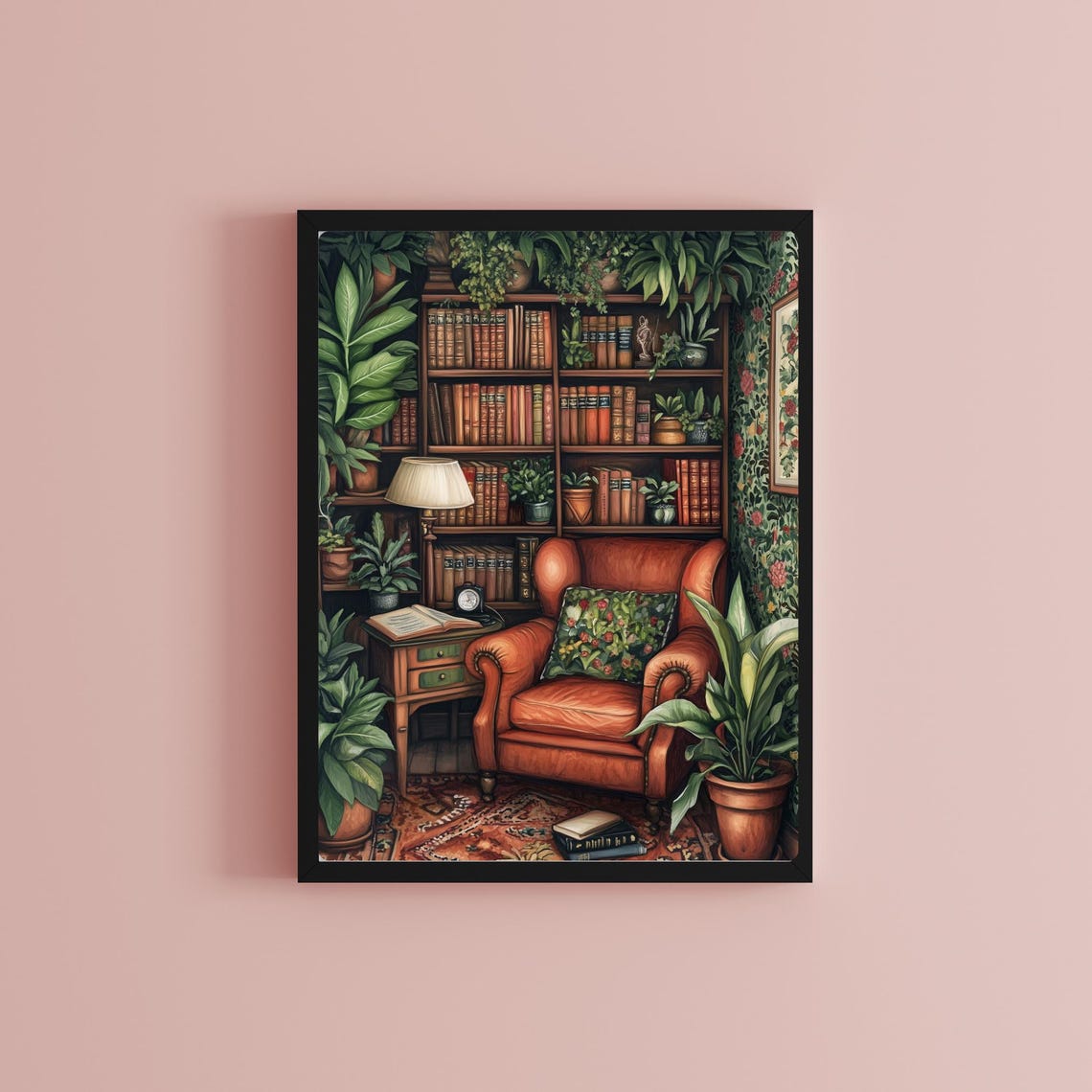 Botanical Reading Nook with a Leather Armchair and Books Print - Image 2