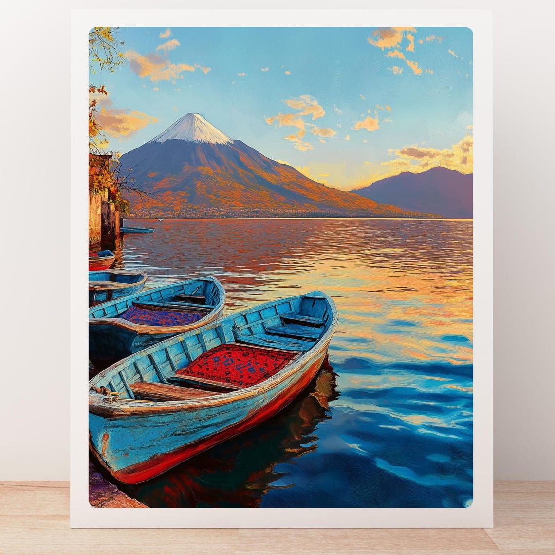 Lake Atitlan Wooden Canoes at Sunset Beneath the Volcano Poster - Image 5