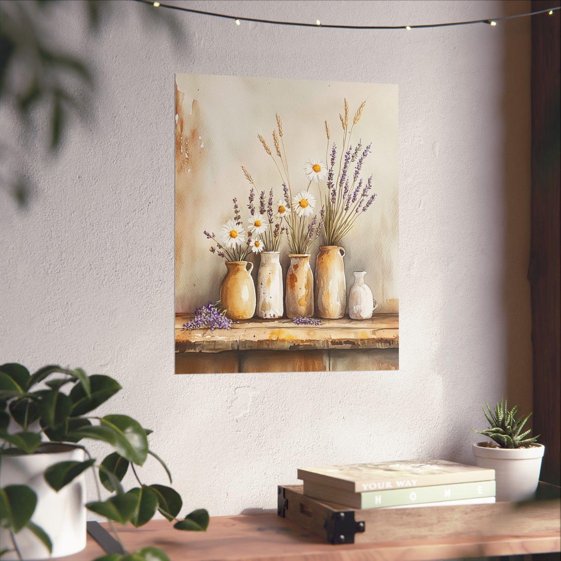 Wildflowers and Lavender in Rustic Pottery Vases Farmhouse Print - Image 4