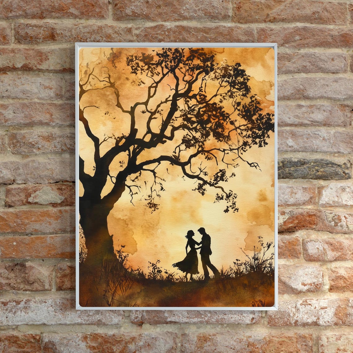 Silhouette Couple Art Tree Scene Painting Romantic Wall Decor Sunset Watercolor Print Couple Under Tree Art Earth Toned Art - Image 2