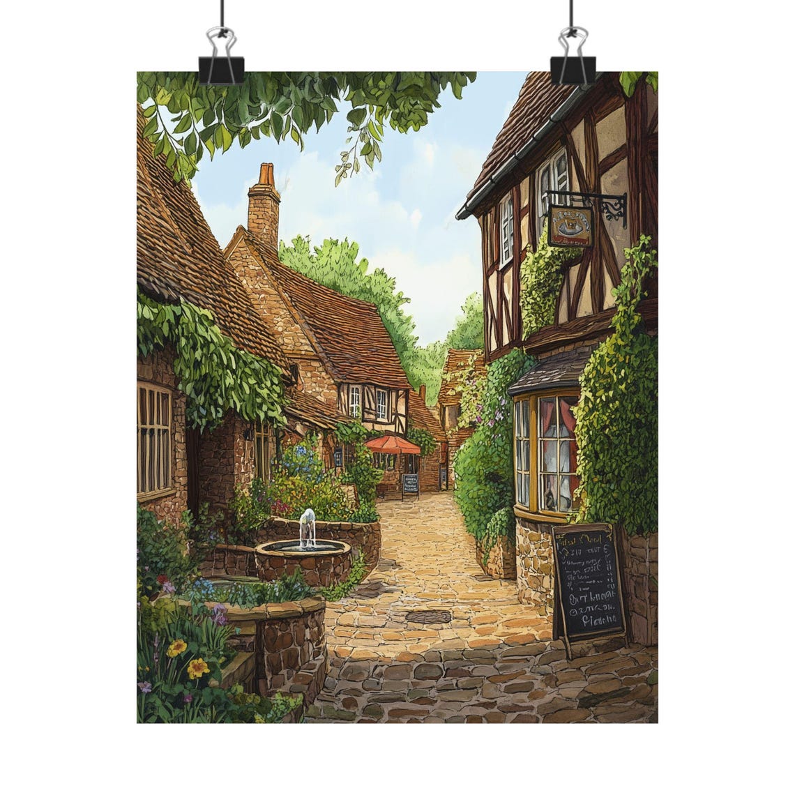 English Village Cobblestone Street Tudor Houses Fountain Poster