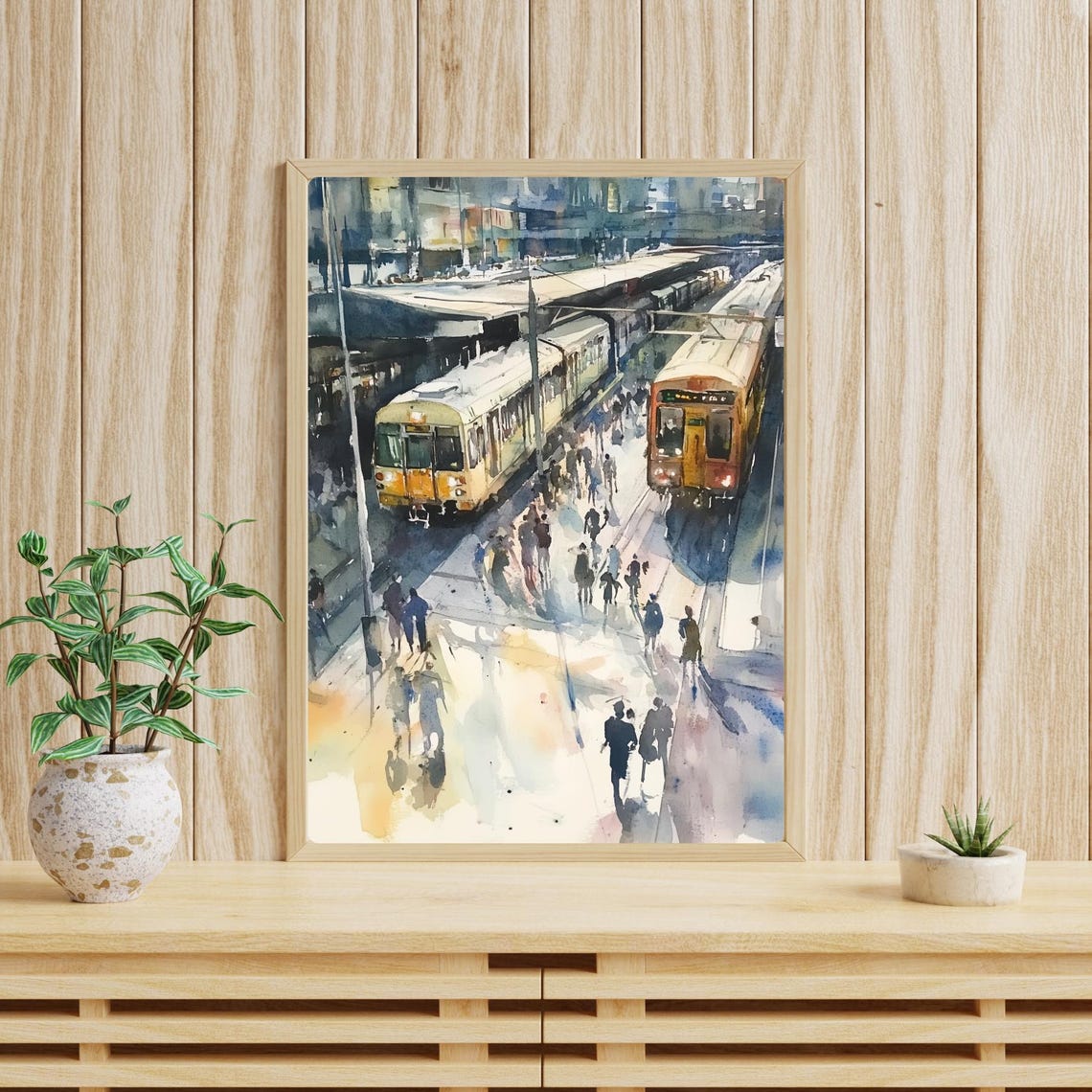 Busy European Train Station Commuter Watercolor Urban Scene Poster - Image 4