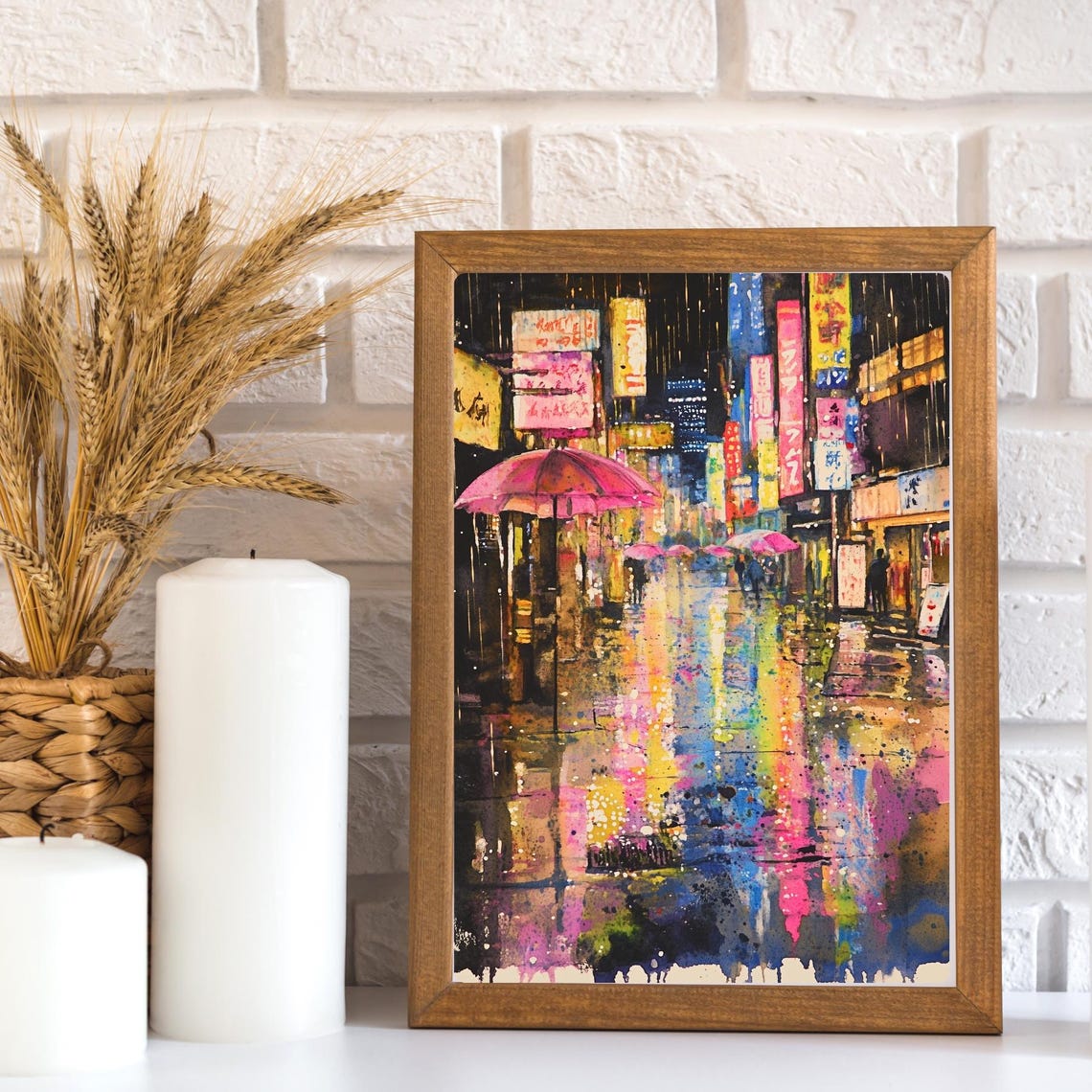 Rainy Neon Street Japan Pink Umbrellas Night Reflections Poster - Image 3
