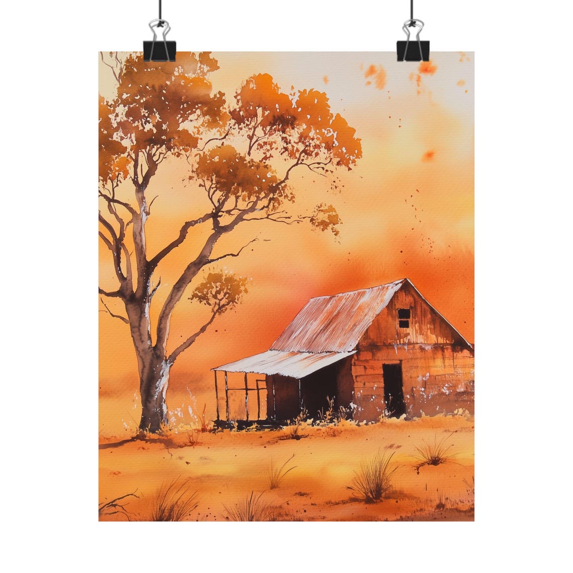 Weathered Barn at Sunset Autumn Tree Rustic Watercolor Poster