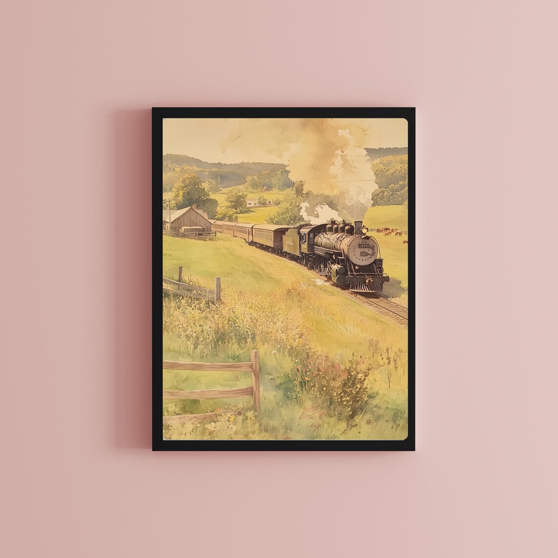 Vintage Steam Locomotive 1841 in Summer Meadow Countryside Poster - Image 2