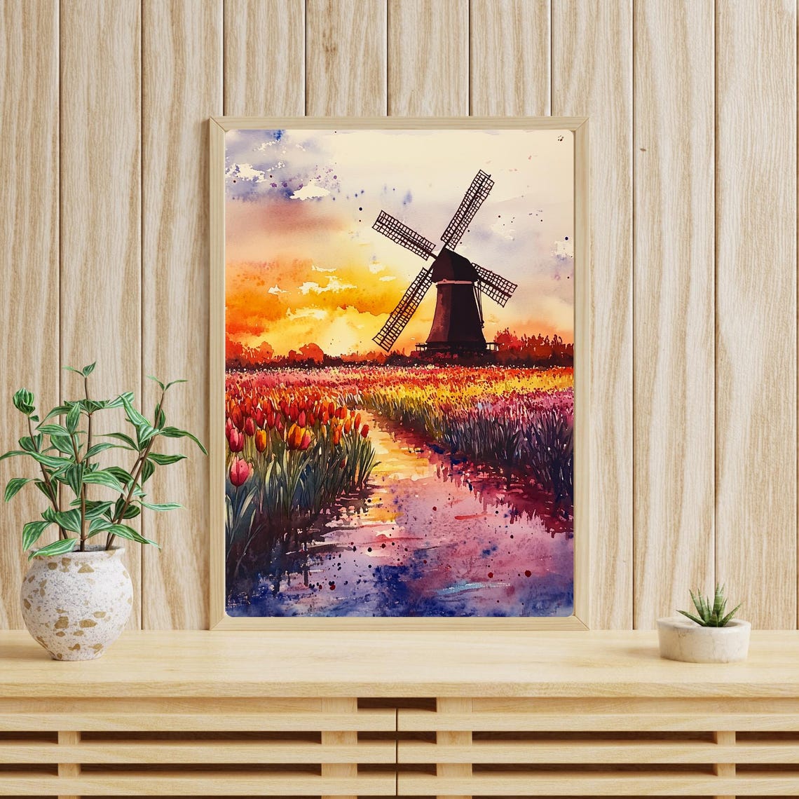 Dutch Windmill Sunset Over Colorful Tulip Fields Watercolor Poster - Image 5