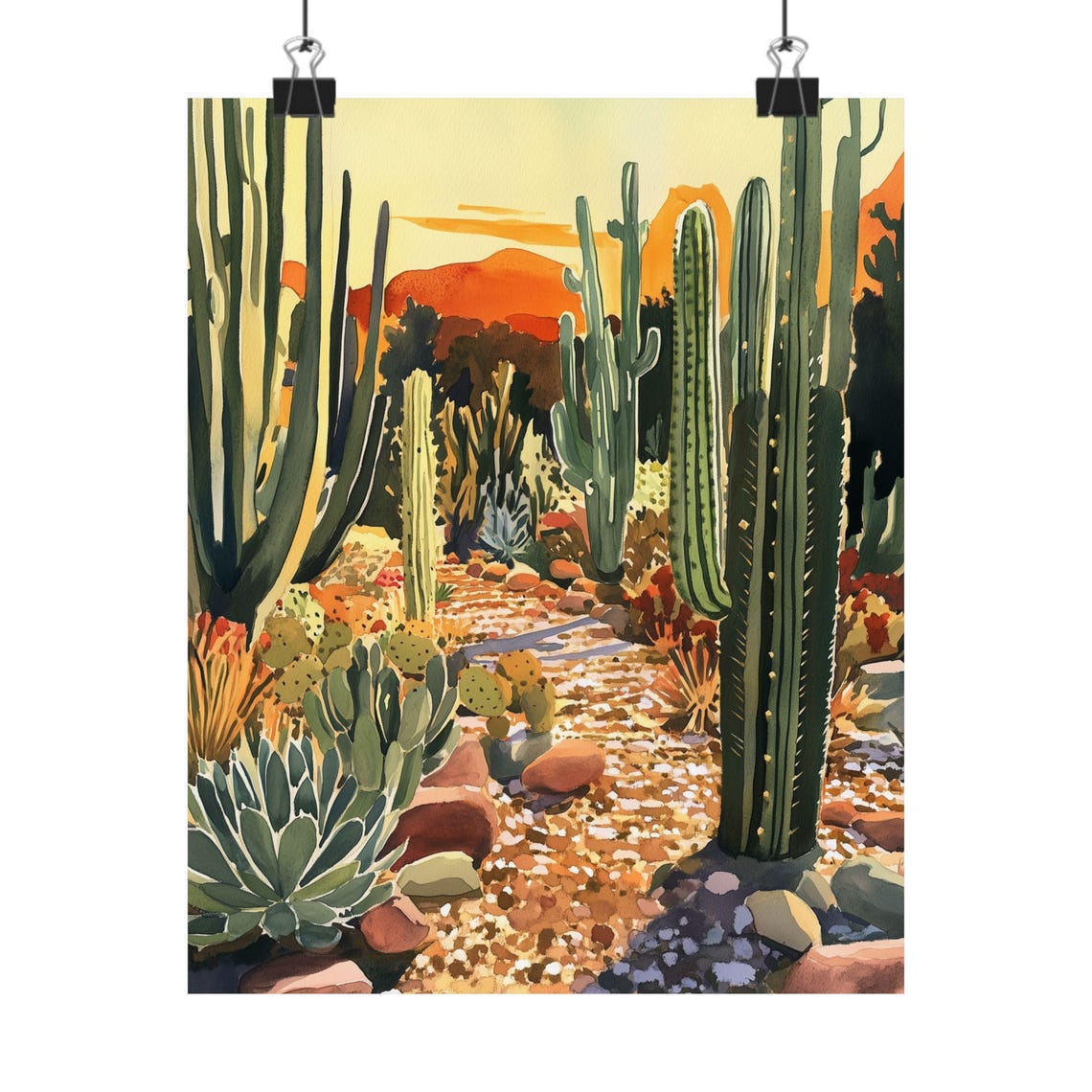 Desert Sunset Cactus Garden with Saguaros Gouache Painting Poster