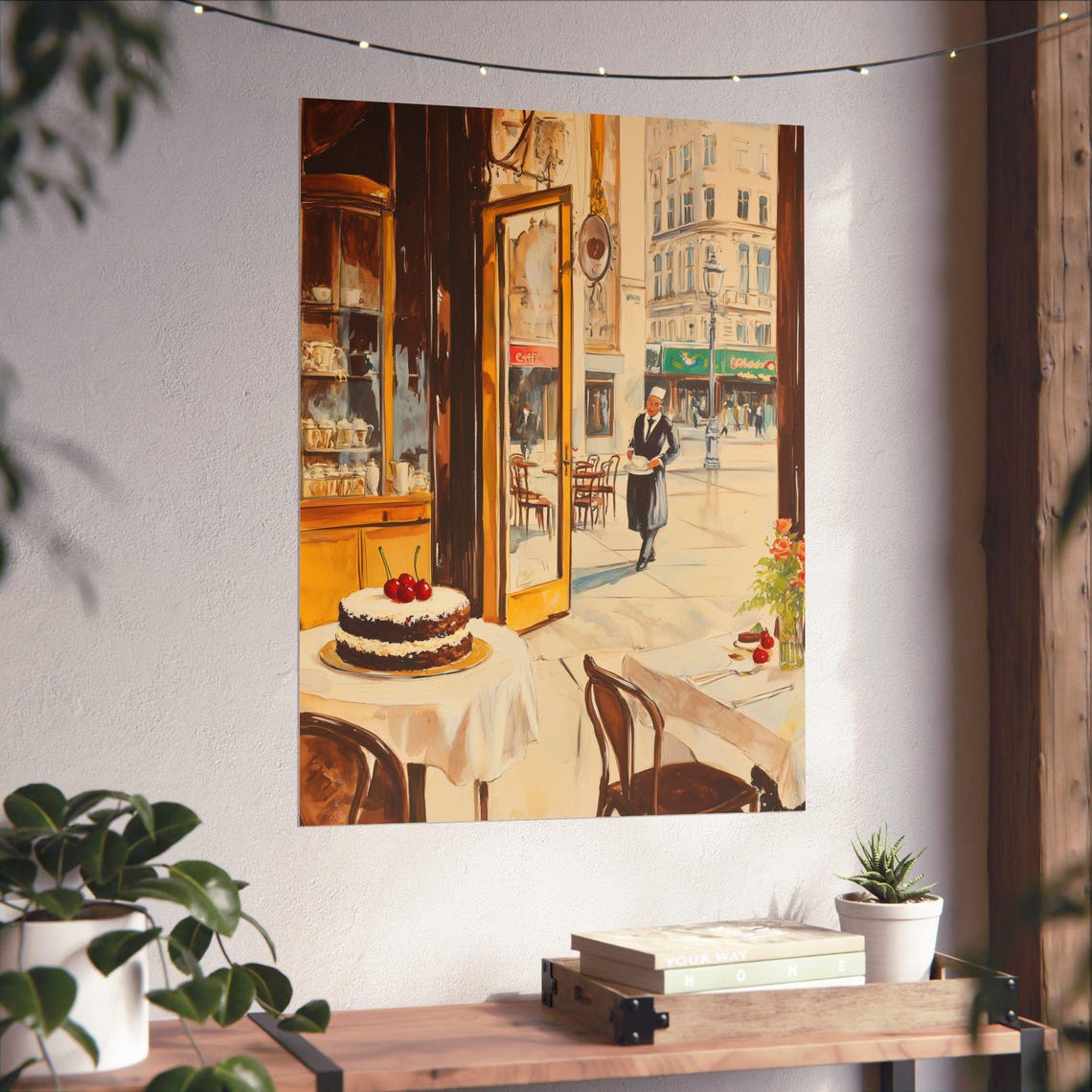 Viennese Cafe Interior with Cherry Cake and Waiter Painting Poster - Image 6
