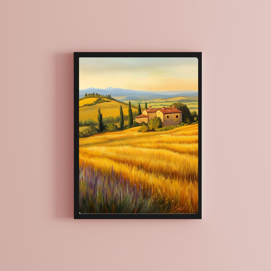Tuscan Stone Farmhouse Among Golden Wheat Fields at Dusk Poster - Image 2